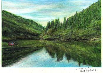 absurdres baden_hiroshi blue_sky boat border colored_pencil_(medium) commentary_request dated day forest highres lake making-of_available nature original outdoors reflection reflective_liquid scenery sky traditional_media water watercraft white_border
