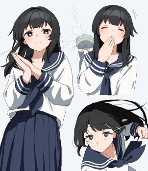 Rule 34 | +++, 1boy, 1girl, black hair, blue neckerchief, blue sailor collar, blue skirt, blush, bright pupils, closed eyes, commentary request, covering own mouth, crack, cracked wall, eye trail, highres, incoming attack, light trail, long hair, long sleeves, multiple views, neckerchief, otori tan, own hands together, pakimoti, sailor collar, school uniform, seitokai ni mo ana wa aru!, shirt, simple background, skirt, smile, solo focus, terui arisu, through wall, white background, white pupils, white shirt