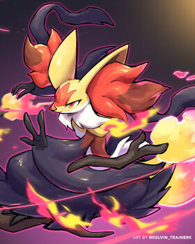 black_background broom broom_surfing delphox fire fox gen_6_pokemon gradient_background highres kelvin-trainerk mega_delphox mega_pokemon nintendo pokemon pokemon_(creature) simple_background solo witch