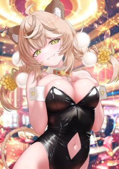 1girl absurdres ahoge animal_ears black_leotard blonde_hair bow bowtie breasts brown_bow brown_bowtie brown_hair chromashift closed_mouth clothing_cutout coin collar daisy_dandelion detached_collar fangs gold_coin green_eyes green_hair green_nails hair_ornament hands_on_own_chest highres leotard lion_ears lion_girl long_hair multicolored_hair nanaki24 navel_cutout nontraditional_playboy_bunny second-party_source solo strapless strapless_leotard streaked_hair virtual_youtuber white_collar white_wrist_cuffs wrist_cuffs