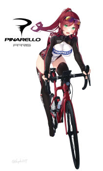 1girl absurdres bicycle bike_jersey blush clothes_writing commentary_request cycling_uniform ears_visible_through_hair eyewear_on_head green_eyes highres long_hair looking_at_viewer nanahara_fuyuki niconico niconico_logo open_mouth original ponytail red_hair riding riding_bicycle road_bicycle signature simple_background solo sports_sunglasses sportswear sunglasses sweat twitter_username voiceroid white_background