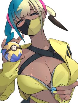 12u5_0817 1girl absurdres bandeau black_hair blonde_hair blue_eyes blue_hair breasts canari_(pokemon) cleavage collarbone dark-skinned_female dark_skin fingernails highres holding holding_poke_ball jacket large_breasts looking_at_viewer mask mouth_mask multicolored_hair nail_polish nintendo poke_ball pokemon pokemon_legends:_z-a quick_ball simple_background solo sweat twintails two-tone_mask white_background yellow_bandeau yellow_jacket yellow_nails