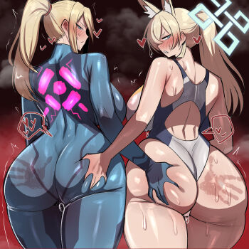 2girls absurdres aftersex ass blonde_hair blue_archive blue_bodysuit blue_eyes bodysuit breasts deep_skin geulimykun_(skbyunea413) grabbing_another's_ass grabbing_from_behind groping highres huge_ass kanna_(blue_archive) large_breasts metroid multiple_girls nintendo ponytail samus_aran sharp_teeth skin_tight slap_mark spanked speech_bubble teeth