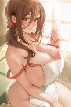 1girl apron blush breasts brown_eyes brown_hair cleavage closed_mouth commentary_request covered_erect_nipples hair_between_eyes hair_ornament hair_scrunchie highres huge_breasts indoors inushima lips long_hair looking_at_viewer mature_female mimikaki mole mole_under_eye naked_apron original scrunchie sidelocks sitting smile solo strap_slip veins veiny_breasts wariza white_apron window