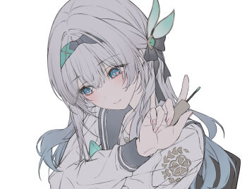 Rule 34 | 1girl, aqua eyes, black bow, black hairband, bow, closed mouth, fingernails, firefly (honkai: star rail), firefly (spring missive) (honkai: star rail), gradient hair, grey hair, grey sailor collar, hair bow, hairband, highres, holding, holding brush, honkai: star rail, honkai (series), long hair, multicolored eyes, multicolored hair, nail polish brush, neon (pixiv 31150749), portrait, purple eyes, sailor collar, school uniform, serafuku, shirt, simple background, solo, two-tone eyes, unfinished, white background, white shirt