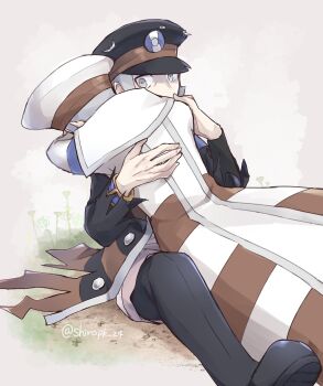 2boys black_coat black_hat black_pants black_shoes brothers coat commentary_request emmet_(pokemon) grey_eyes grey_hair hat highres hug ingo_(pokemon) looking_at_another male_focus multiple_boys nintendo pants pokemon pokemon_bw pokemon_legends:_arceus shio25 shoes short_hair siblings sitting torn_clothes torn_coat twins twitter_username white_coat white_hat