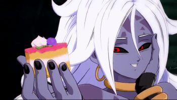 android_21 animated animated_gif black_nails black_sclera colored_sclera colored_skin dragon_ball dragon_ball_fighterz earrings eating food hand_on_own_cheek hand_on_own_face jewelry majin_android_21 neck_ring open_mouth purple_skin red_eyes ring teeth white_hair
