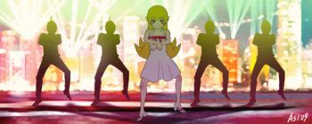 1girl 4boys ahoge animated animated_png artist_name as109 bad_id bad_pixiv_id bakemonogatari bare_shoulders blonde_hair blush_stickers bow building cityscape dancing dress flat_chest gangnam_style k-pop long_hair lowres md5_mismatch monogatari_(series) multiple_boys night oshino_shinobu parody ribbon sandals skyscraper smile toy_block ugoira yellow_eyes