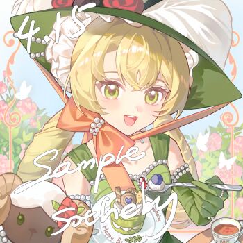 1girl :d absurdres blonde_hair blue_background bow cake character_name chin_strap cup dress drill_hair elbow_gloves flower food gloves green_dress green_eyes green_gloves green_hat hat hat_feather hat_flower highres holding holding_plate holding_spoon long_hair low_twintails open_mouth orange_bow pink_flower plate red_flower reverse:1999 sample_watermark sheep sleeveless sleeveless_dress smile solo sotheby spoon teacup twin_drills twintails upper_body watermark yuguang