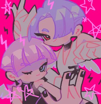 2boys :3 \m/ arms_up black_choker black_nails blue_hair blunt_bangs bodysuit brothers choker closed_mouth clothing_cutout commentary_request earrings eyelashes glove_cutout gloves heart jewelry male_focus multiple_boys nail_polish one_eye_closed panty_&amp;_stocking_with_garterbelt parted_hair piercing pink_hair polyester_(psg) polyurethane_(psg) red_eyes reed siblings sleeveless smile star_(symbol) white_bodysuit white_gloves