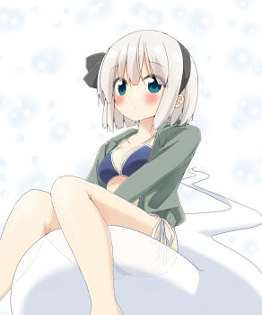 Rule 34 | 1girl, alternate costume, bikini, black hairband, blue bikini, blush, breasts, cleavage, closed mouth, commentary request, green eyes, green hoodie, grey hair, hairband, highres, hitodama, hood, hoodie, konpaku youmu, konpaku youmu (ghost), looking at viewer, medium hair, open clothes, open hoodie, shishiky, side-tie bikini bottom, sitting, solo, swimsuit, touhou