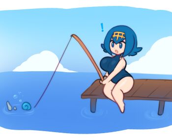 absurdres breasts fishing fishing_rod highres kissurai lana_(pokemon) large_breasts nintendo one-piece_swimsuit pokemon pokemon_(anime) pokemon_sm_(anime) swimsuit