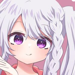Rule 34 | 1girl, 9-nine-, :q, blush, braid, close-up, closed mouth, commentary request, eyes visible through hair, grey hair, hand up, happy, long hair, looking at viewer, niimi sora, pink background, purple eyes, side ponytail, sidelocks, simple background, single braid, smile, solo, swept bangs, tongue, tongue out, utuigawa