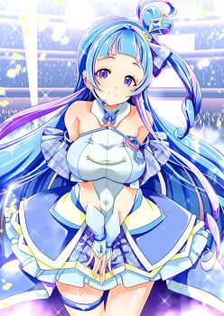 Rule 34 | audience, blue dress, blue hair, blue wrist cuffs, commentary request, concert, cowboy shot, cure wink, dress, glowstick, hair bun, hamuhamu, headband, heart hair bun, idol, idol clothes, idol heart brooch (precure), idol heart incom, kimi to idol precure, long hair, microphone, plaid armband, precure, stage, stage lights, wrist cuffs