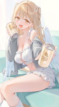 1girl absurdres angel angel_wings beer_can blonde_hair braid breasts can cleavage couch cropped_shirt drink_can feathered_wings grey_jacket highres holding holding_can incoming_gift jacket kinako_(shiratama_mochi) long_hair looking_at_viewer medium_breasts midriff navel on_couch open_clothes open_jacket open_mouth original shirt signature sitting skirt socks solo white_shirt white_skirt white_socks white_wings wings yellow_eyes