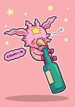 Rule 34 | absurdres, alcohol, blush stickers, bottle, closed eyes, commentary, drunk, floating, full body, highres, holding, holding bottle, jojo no kimyou na bouken, m a a m 8, no humans, pink background, squeans, stand (jojo), star (symbol), steel ball run, symbol-only commentary, tusk (stand), tusk act1