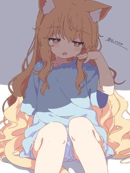 Rule 34 | 1girl, animal ear fluff, animal ears, blonde hair, blue shirt, cat ears, cat girl, cat tail, female focus, frilled shirt, frills, highres, lil (lil xyzw), long hair, naked shirt, original, shirt, short sleeves, sitting, tail, very long hair, wavy hair, webp-to-png conversion, wet, wet hair, yellow eyes