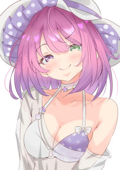 1girl absurdres bikini breasts breasts_squeezed_together choker cleavage commentary_request gradient_hair green_eyes hat heterochromia highres himemori_luna himemori_luna_(summer) hololive isk65180111 long_hair looking_at_viewer multicolored_hair o-ring o-ring_bikini o-ring_top official_alternate_costume pink_hair polka_dot polka_dot_bikini polka_dot_headwear purple_bikini purple_eyes purple_hair see-through_clothes see-through_shirt shirt simple_background single_bare_shoulder smile smug solo sun_hat swimsuit upper_body v_arms virtual_youtuber white_background white_choker white_hat