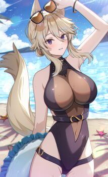 1girl absurdres animal_ears arm_up beach black-framed_eyewear black_one-piece_swimsuit blue_sky blush bracelet breasts brown_hair casual_one-piece_swimsuit cat_ears cat_girl cat_tail cloud commentary_request covered_navel cowboy_shot day glint grin hair_between_eyes hair_bun highleg highleg_one-piece_swimsuit highres holding holding_removed_eyewear innertube jewelry kage_no_jitsuryokusha_ni_naritakute! kage_no_jitsuryokusha_ni_naritakute!_master_of_garden large_breasts lens_flare matsumoto_yuu ocean one-piece_swimsuit outdoors purple_eyes see-through_cleavage see-through_clothes see-through_one-piece_swimsuit shore simple_bird single_hair_bun sky smile solo standing starfish sunglasses swim_ring swimsuit tail tail_raised unworn_eyewear water_drop wet zeta_(kage_no_jitsuryokusha_ni_naritakute!)