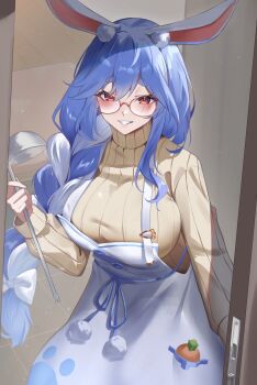 1girl :d animal_ears apron blue_hair bow braid braided_ponytail breasts commentary_request door glasses grin hair_bow hair_over_shoulder highres holding holding_ladle hololive huge_breasts ladle long_hair looking_at_viewer multicolored_hair open_mouth pekomama pendora1022 pov rabbit-shaped_pupils rabbit_ears rabbit_girl red_eyes ribbed_sweater round_eyewear short_eyebrows sidelocks smile solo sweater symbol-shaped_pupils thick_eyebrows turtleneck two-tone_hair virtual_youtuber white_apron white_bow white_hair white_sweater