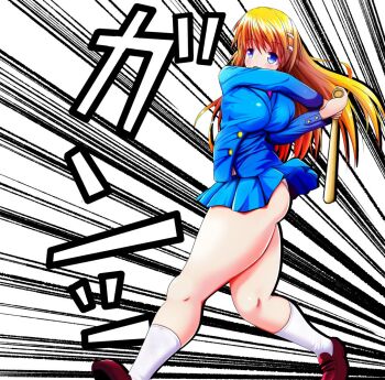 Rule 34 | 1girl, baseball bat, blazer, blue eyes, blue jacket, blue skirt, brown hair, floating hair, hair ornament, hairclip, holding, holding baseball bat, jacket, jikkyou powerful pro yakyuu, kneehighs, koucha rakkyo, long hair, miniskirt, motion lines, oozora miyoko, panties, pantyshot, red shoes, shoes, skirt, socks, solo, sound effects, speed lines, swinging baseball bat, underwear, white panties, white socks