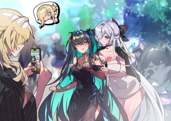 Rule 34 | 3girls, aqua hair, blonde hair, cinderella (beautiful me) (nikke), cinderella (nikke), dress, goddess of victory: nikke, grave (beautiful you) (nikke), grave (nikke), grey dress, grey hair, highres, holding, holding phone, little mermaid (nikke), long hair, mimlmi, multiple girls, official alternate costume, phone, taking picture