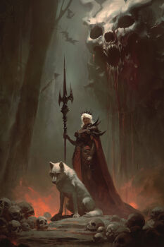 1girl absurdres armor bat_(animal) breastplate breasts cape demon_horns gauntlets giant_skull highres holding holding_polearm holding_weapon horns large_breasts leg_armor long_hair looking_at_viewer muratgul necromancer original pelvic_curtain pile_of_skulls polearm shoulder_armor skull spear underbust weapon white_fur white_hair white_wolf wolf