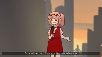 1girl blonde_hair collared_shirt commentary english_text eyewear_on_head flandre_scarlet fourth_wall highres holding holding_microphone microphone one_side_up pointy_ears puffy_short_sleeves puffy_sleeves red_eyes red_skirt red_vest shirt short_hair short_sleeves skirt stage symbol-only_commentary touhou vest white_shirt wings yoruny