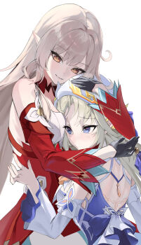 Rule 34 | 2girls, absurdres, alice (genshin impact), black gloves, blonde hair, blue eyes, breasts, commentary request, cross-shaped pupils, detached sleeves, dress, face to breasts, genshin impact, gloves, hand on another's head, hat, highres, hug, long hair, looking at viewer, medium breasts, multiple girls, nicole reeyn, no headwear, orange eyes, parted lips, pointy ears, red dress, red sleeves, side ahoge, simple background, smile, symbol-shaped pupils, usagi sakaki (tosaka), very long hair, white background, white dress, white hat, yuri