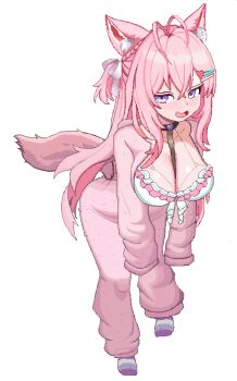 1girl animal_ears antenna_hair between_breasts bikini bikini_under_clothes black_choker blue_eyes blush braid breasts breasts_out chest_harness choker cl_oor clothing_cutout collarbone commentary crossed_bangs frilled_bikini frills grey_socks hair_ornament hair_ribbon hairclip hakui_koyori hakui_koyori_(summer) harness heart heart_choker heart_hair_ornament hololive hood hoodie huge_breasts leaning_forward long_hair long_sleeves looking_to_the_side multicolored_eyes multicolored_socks nervous_smile one_side_up open_mouth pajamas pink_hair pink_hoodie pink_pajamas pink_tail pixel_art purple_eyes purple_socks ribbon simple_background sleeves_past_fingers sleeves_past_wrists smile socks solo strap_between_breasts striped_clothes striped_socks swimsuit tail tail_through_clothes transparent_background two-tone_eyes virtual_youtuber white_bikini white_ribbon wolf_ears wolf_girl wolf_tail