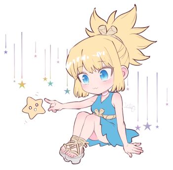 1girl :3 bare_shoulders blonde_hair blue_dress blue_eyes blush chibi choker dr._stone dress full_body kohaku_(dr._stone) ninomae_gin pointing ponytail sandals sitting sleeveless sleeveless_dress solo star_(symbol) white_background