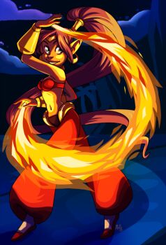 Rule 34 | 1girl, arabian clothes, baggy pants, bandeau, bare shoulders, blue eyes, bracer, breasts, dark-skinned female, dark skin, earrings, female focus, fire, harem pants, hoop earrings, jewelry, long hair, lots of jewelry, m.k. harris, magic, midriff, narrow waist, navel, night, pants, pointy ears, ponytail, purple hair, shantae, shantae: half-genie hero, shantae (series), sky, small breasts, solo, tiara, very long hair, wayforward