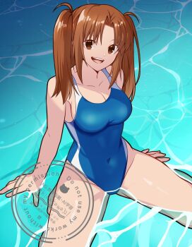 1girl armpit_peek armpits bare_arms bare_shoulders blue_one-piece_swimsuit breasts brown_eyes brown_hair cleavage collarbone from_above hair_over_shoulder highres hirakawa large_breasts long_hair looking_at_viewer navel one-piece_swimsuit parted_lips pool sideboob sidelocks sitting skin_tight smile solo striped_clothes striped_one-piece_swimsuit swimsuit thighs tsukihime two_side_up vertical-striped_clothes vertical-striped_one-piece_swimsuit water yumizuka_satsuki