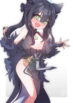 1girl absurdres aged_down animal_ears black_hair blue_archive blush breasts green_eyes highres long_hair open_mouth shun_(blue_archive) shun_(small)_(blue_archive) simple_background small_breasts solo standing to_(tototo_tk) white_background