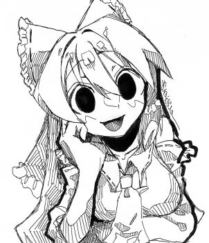 Rule 34 | 1girl, ascot, bow, breasts, collared shirt, commentary request, cookie (touhou), detached sleeves, empty eyes, frilled bow, frills, greyscale, hair bow, hakurei reimu, hand on own cheek, hand on own face, hatching (texture), highres, leaning forward, long hair, looking at viewer, medium breasts, melanin shikiso, monochrome, noel (cookie), open mouth, shirt, simple background, sketch, smile, solo, touhou, upper body