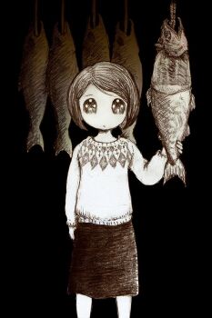 1girl commentary_request dark expressionless feet_out_of_frame fish_(food) greyscale hanging_food leica_(leica_xx) medium_skirt monochrome original rope sepia short_hair skirt solo sweater