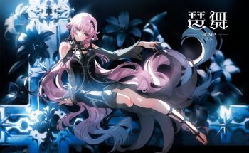 1girl bema_(sinsekai) black_dress blue_hair blue_nails choker dress earrings flower flower_earrings full_body heterochromia high_heels jewelry kamitsubaki_studio looking_at_viewer multicolored_hair official_art pink_hair sinsekai_record sitting virtual_youtuber yoneyama_mai