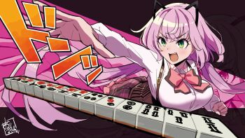 1girl animal_ears artist_name assault_lily black_background blush bow bowtie breasts brown_skirt buttons cat_ears clenched_hand collared_shirt commentary_request corset cowboy_shot fake_animal_ears floating_hair frilled_skirt frills green_eyes hands_up highres large_breasts leaning_forward long_hair looking_ahead low_twintails ludvico_private_girls'_academy_school_uniform mabuta_kayumi mahjong mahjong_tile open_mouth outstretched_arm pink_background pink_hair plaid_clothes plaid_skirt red_bow red_bowtie school_uniform shirt skirt solo suspenders teeth toda_eulalia_kotohi translation_request twintails two-tone_background underbust upper_teeth_only v-shaped_eyebrows very_long_hair white_shirt