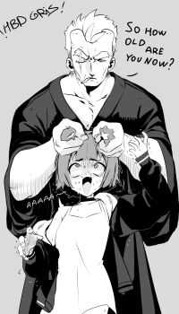 1boy 1girl absurdres bare_shoulders blunt_bangs boss_(go!_go!_gris!) breasts choker cigarette closed_mouth collarbone commentary cowboy_shot dress english_commentary english_text go!_go!_gris! grabbing_another's_hair grey_background gris_(go!_go!_gris!) happy_birthday highres holding_another's_hair jacket kobi420 long_sleeves looking_at_another looking_down looking_up monochrome one_eye_closed open_clothes open_jacket open_mouth robe scar scar_across_eye scar_across_eyebrow scar_on_face scared short_hair simple_background small_breasts sweat thick_eyebrows wide_sleeves