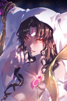 Rule 34 | 1girl, absurdres, black hair, breasts, cleavage, commentary, dated, demon girl, demon horns, dress, facial mark, fate/grand order, fate (series), forehead mark, highres, horn ornament, horns, kagaho.qs, long hair, looking at viewer, sessyoin kiara, sessyoin kiara (heaven's hole), sessyoin kiara (third ascension), signature, solo, tongue, tongue out, white dress, yellow eyes