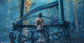 1girl aquarium artist_name back backless_dress backless_outfit blue_theme character_request copyright_name dress fish from_behind ghostblade grey_hair hairstyle_request highres instrument kelp logo music piano piano_bench playing_instrument playing_piano reflection shark silver_dress sitting solo string train_(clothing) water watermark web_address whale_shark wlop