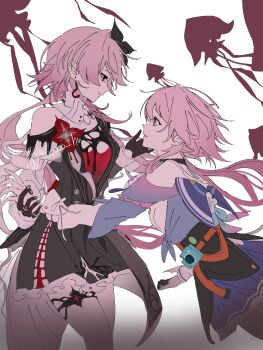 2girls absurdres bare_shoulders black_dress black_gloves blue_skirt closed_mouth commentary_request cowboy_shot dress evernight_(honkai:_star_rail) eye_contact frilled_dress frills from_side gloves hand_up highres honkai:_star_rail honkai_(series) long_hair long_sleeves looking_at_another march_7th_(honkai:_star_rail) march_7th_(preservation)_(honkai:_star_rail) multiple_girls parted_lips pink_hair pleated_skirt profile shirt simple_background skirt smile tooooo_hu white_background white_shirt