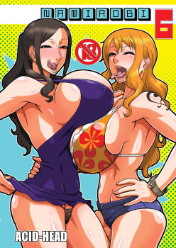 2girls acid_head black_hair black_panties black_tattoo blush breasts breasts_on_breasts cowboy_shot dress earrings g-string hand_on_own_hip highres huge_breasts jewelry large_breasts log_pose long_hair looking_at_viewer mature_female multiple_girls murata_(acid-head) nami_(one_piece) nami_(one_piece)_(dressrosa) nico_robin nico_robin_(dressrosa) one_eye_closed one_piece open_mouth orange_hair panties ponytail purple_dress short_shorts shorts shoulder_tattoo stacked_breasts tattoo thong tongue tongue_out underwear wink