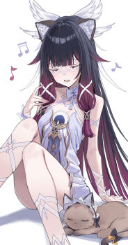 1girl absurdres animal_ears animalization arm_support bare_shoulders black_hair breasts cat_ears cat_girl closed_eyes columbina_(genshin_impact) commentary dress eye_mask genshin_impact gradient_hair hair_ornament hand_up highres huciro kemonomimi_mode knees_together_feet_apart light_blush long_hair mask medium_breasts multicolored_hair music musical_note open_mouth purple_hair sandrone_(genshin_impact) simple_background singing sitting solo streaked_hair white_background white_dress wing_hair_ornament