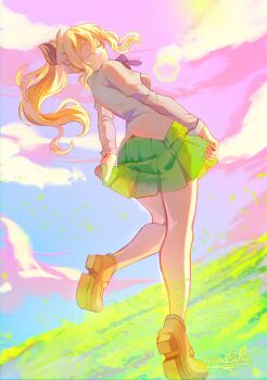Rule 34 | 1girl, absurdres, blonde hair, blue sky, breasts, brown shoes, closed eyes, closed mouth, cloud, commentary request, day, eyelashes, full body, grass, green skirt, hair ribbon, highres, katawa shoujo, leaf, lens flare, long hair, long sleeves, mandzatsu, outdoors, ponytail, portuguese commentary, ribbon, satou lilly, school uniform, shirt, shoes, signature, skirt, sky, smile, solo, standing, standing on one leg, white shirt, yamaku high school uniform