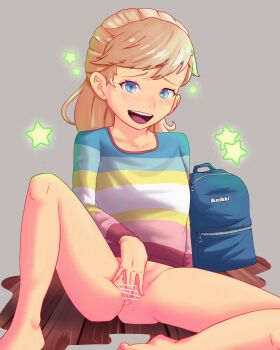 1girl :d absurdres anikki backpack bag bar_censor barefoot blonde_hair blue_bag blue_eyes blue_shirt blush bottomless braces censored commentary commentary_request english_commentary female_focus female_masturbation flag_print grey_background highres inside_out loli long_hair long_sleeves looking_at_viewer map_flag masturbation mixed-language_commentary multicolored_shirt open_mouth paid_reward_available pink_shirt pussy red_shirt riley_andersen shirt simple_background sitting smile solo spread_legs star_(symbol) striped_clothes striped_shirt teeth tongue unworn_backpack unworn_bag upper_teeth_only white_shirt yellow_shirt