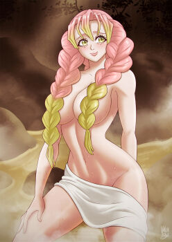 1girl braid breasts curvy female_focus green_eyes green_hair hair_over_breasts highres kanroji_mitsuri kimetsu_no_yaiba large_breasts long_hair mole mole_under_eye navel pink_hair solo twin_braids twintails valenvenge wet