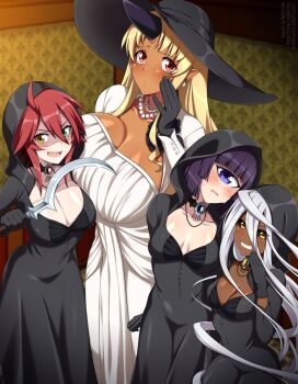 4girls alcina_dimitrescu alcina_dimitrescu_(cosplay) bela_dimitrescu bela_dimitrescu_(cosplay) black_sclera black_vs_white blonde_hair blue_eyes blush breast_press breasts cassandra_dimitrescu cassandra_dimitrescu_(cosplay) cleavage colored_sclera commentary cosplay cyclops daniela_dimitrescu daniela_dimitrescu_(cosplay) dark-skinned_female dark_skin doppel_(monster_musume) dress earrings english_commentary female_focus gloves grey_hair grin hand_up heterochromia highres holding holding_weapon hood hood_up horns huge_breasts indoors jewelry large_breasts lindaroze long_hair long_sleeves looking_at_viewer manako medium_breasts monster_musume_no_iru_nichijou multiple_girls necklace one-eyed open_mouth pearl_necklace pointy_ears purple_hair red_hair resident_evil resident_evil_village sharp_teeth single_horn smile standing stitches sweat teeth tionishia very_long_hair weapon white_dress yellow_eyes zombie zombina_(monster_musume)
