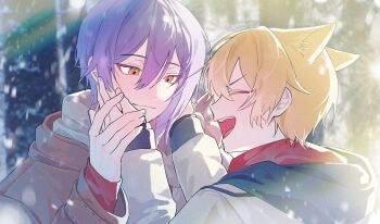 2boys animal_ears black_hoodie blonde_hair cat_ears closed_eyes coat commentary hands_on_another's_cheeks hands_on_another's_face hood hoodie kamishiro_rui looking_at_another male_focus multiple_boys open_mouth orange_eyes project_sekai purple_hair red_scarf scarf snow soh0 symbol-only_commentary tenma_tsukasa winter_clothes winter_coat