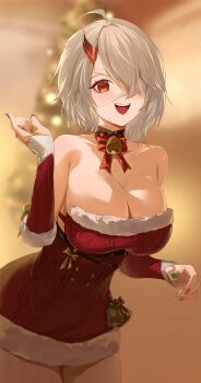 1girl absurdres ahoge alternate_breast_size_(larger) bandage_over_one_eye bare_shoulders blurry blurry_background breasts cleavage commentary cowboy_shot dress duet_night_abyss fur-trimmed_dress fur_trim green_nails hair_between_eyes highres indoors large_breasts leaning_forward light_blush looking_at_viewer nail_polish official_alternate_costume open_mouth phoxhunter_(duet_night_abyss) red_dress red_eyes red_nails short_dress smile solo starry_hopes_(duet_night_abyss) strapless strapless_dress the_girl_in_the_dream_(duet_night_abyss) yonesdraws